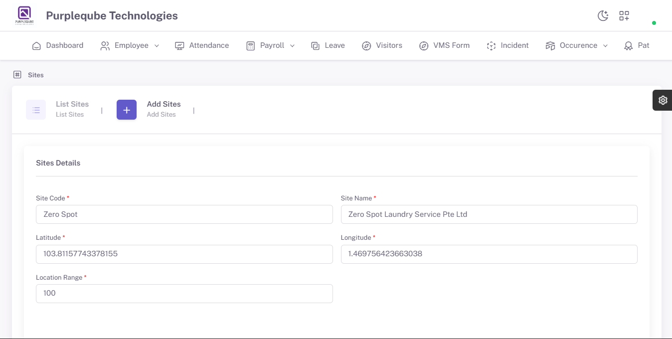 Add Sites form with Sites Details fields including Site Code, Site Name, Latitude, Longitude, and Location Range